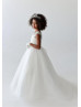 Cap Sleeves Beaded Ivory Lace Tulle Illusion Pearl Buttons Back Flower Girl Dress
